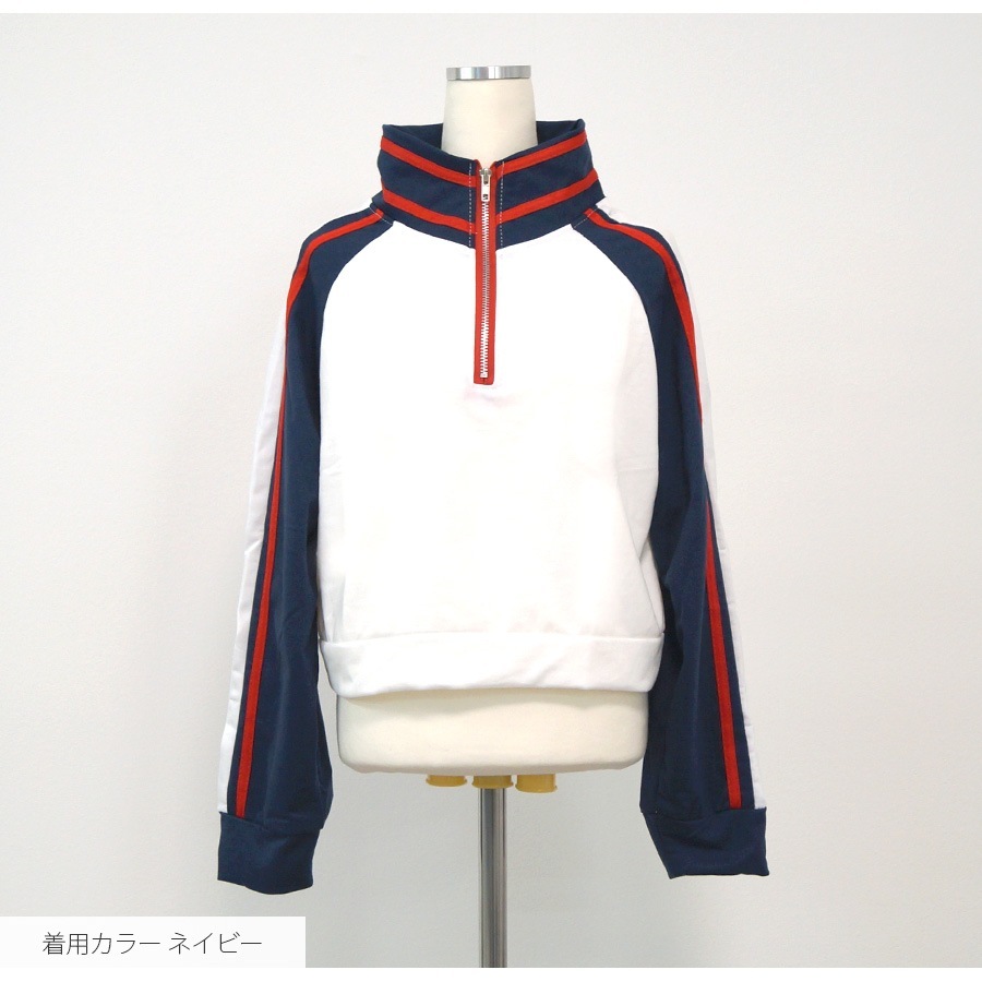 プルオーバー ハーフジップ トップス トレーナー ショート丈 長袖 韓国ファッション レディース 春 秋 冬 新作 黒 ブラック ネイビー 紺 M L XL JOCOSA 7172