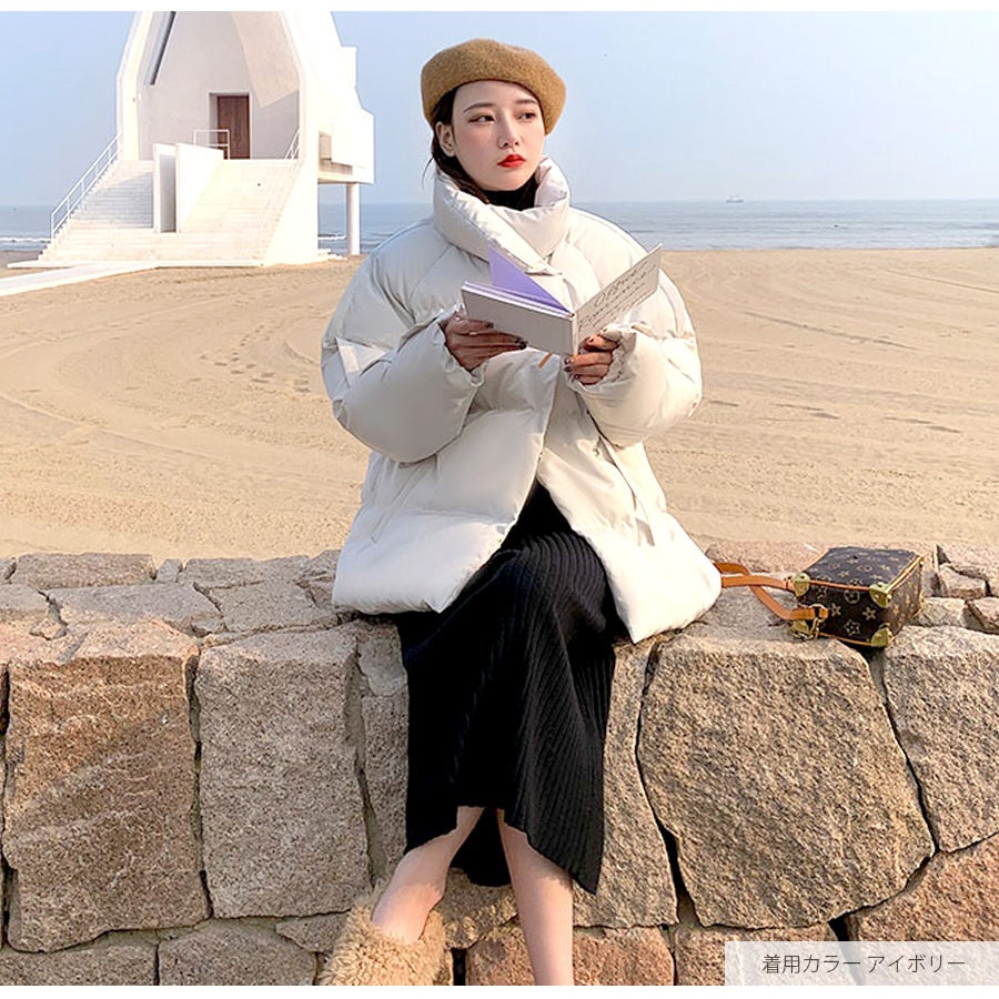 ダウン ジャケット アウター 長袖 ポケット ベルト ミディアム丈 無地 韓国ファッション 秋 冬 大人 シンプル おしゃれ かわいい レディース 新作 ブラック 黒 アイボリー グリーン 緑 パープル 紫 モカ 茶色 S M JOCOSA 8376