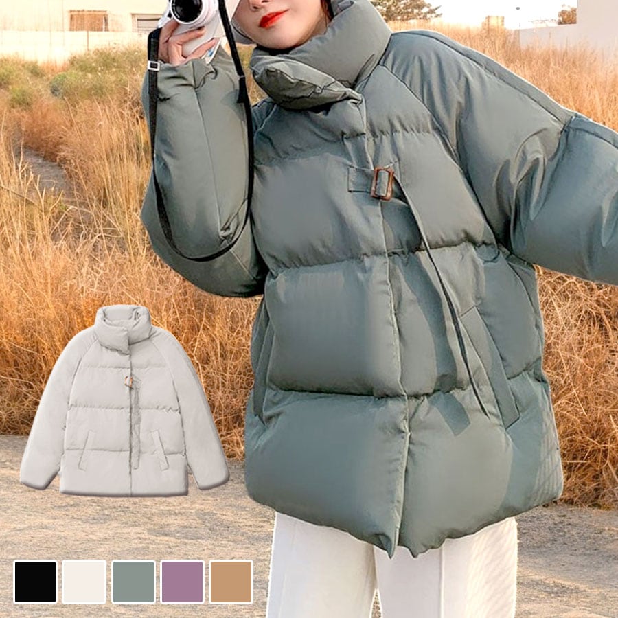 ダウン ジャケット アウター 長袖 ポケット ベルト ミディアム丈 無地 韓国ファッション 秋 冬 大人 シンプル おしゃれ かわいい レディース 新作 ブラック 黒 アイボリー グリーン 緑 パープル 紫 モカ 茶色 S M JOCOSA 8376