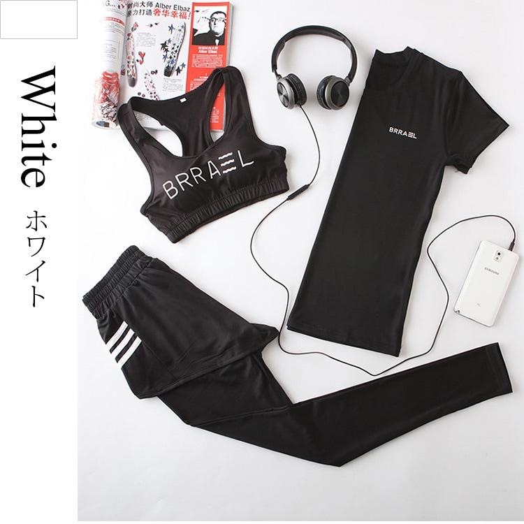 スポーツウェア レディース 3点セット 上下セット ブラトップ Yバック Tシャツ スパッツ 一体型レギンス ショートパンツ ロング丈 ボトムス セットアップ ライン ランニングウェア フィットネス ヨガ ジム リラックス ブラック 黒 JOCOSA 送料無料 即納 8716