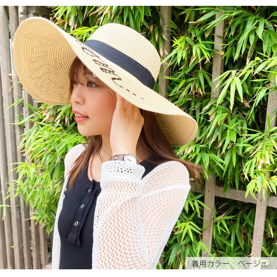 麦わら帽子 ロゴ スパンコール ハット つば広 折りたたみ アジャスター付き シンプル 海 リゾート 春 夏 秋 冬 新作  おしゃれ 大人可愛い ベージュ ブラウン アイボリー フリーサイズ JOCOSA 9431