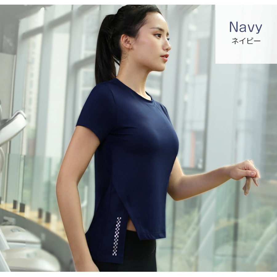 T544切り替えスポーツウェア　ボトムス　ロゴ スポーツウェア レディース Tシャツ スリット トップス チェッカー