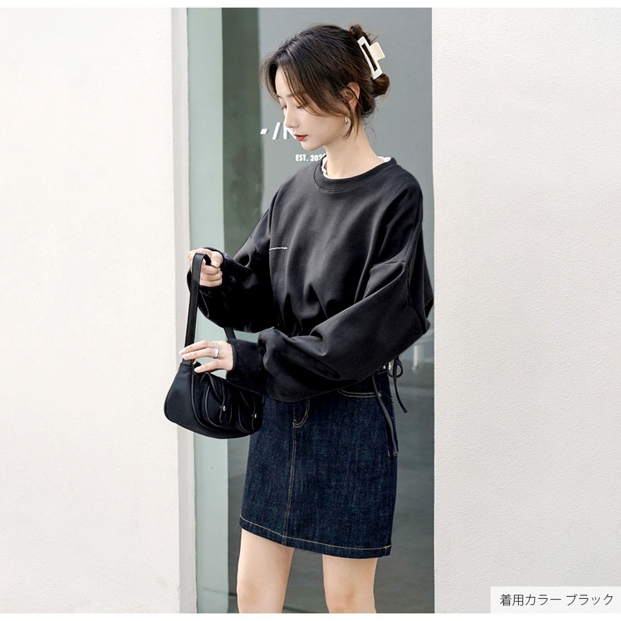 トップス ショート丈 2way ロゴ ギャザー 長袖 ラウンドネック レイヤード 重ね着 春 秋 カジュアル ストリート スポーティ セクシー シンプル 韓国ファッション 大人 レディース ブラック ホワイト グレー M L XL JOCOSA 7178