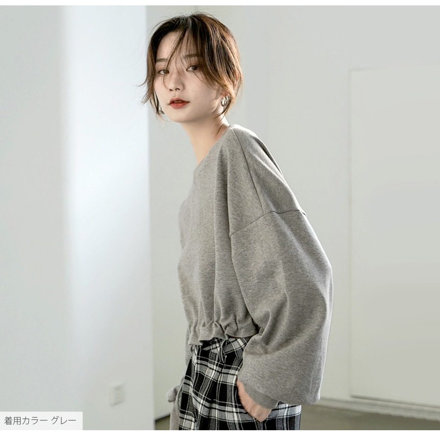 トップス ショート丈 2way ロゴ ギャザー 長袖 ラウンドネック レイヤード 重ね着 春 秋 カジュアル ストリート スポーティ セクシー シンプル 韓国ファッション 大人 レディース ブラック ホワイト グレー M L XL JOCOSA 7178