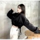 トップス ショート丈 2way ロゴ ギャザー 長袖 ラウンドネック レイヤード 重ね着 春 秋 カジュアル ストリート スポーティ セクシー シンプル 韓国ファッション 大人 レディース ブラック ホワイト グレー M L XL JOCOSA 7178