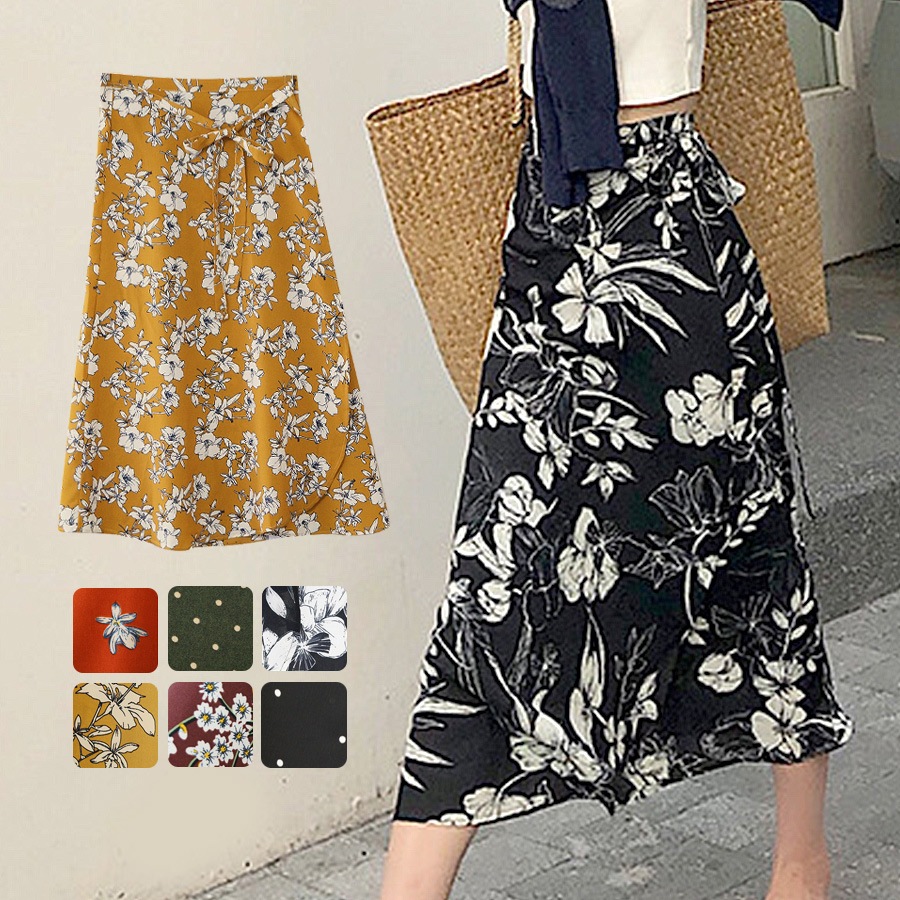 スカート ロング 巻きスカート ラップスカート ミモレ丈  春 夏 収納袋 ボトムス レイヤード ベアワンピース 2WAY 海リゾート 花柄 ドット柄 水玉 大きいサイズ レディース オレンジ グリーン ブラック マスタード イエロー ワインレッド 黒JOCOSA 8165