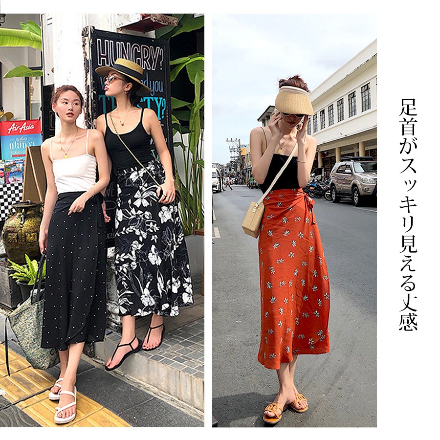 スカート ロング 巻きスカート ラップスカート ミモレ丈  春 夏 収納袋 ボトムス レイヤード ベアワンピース 2WAY 海リゾート 花柄 ドット柄 水玉 大きいサイズ レディース オレンジ グリーン ブラック マスタード イエロー ワインレッド 黒JOCOSA 8165