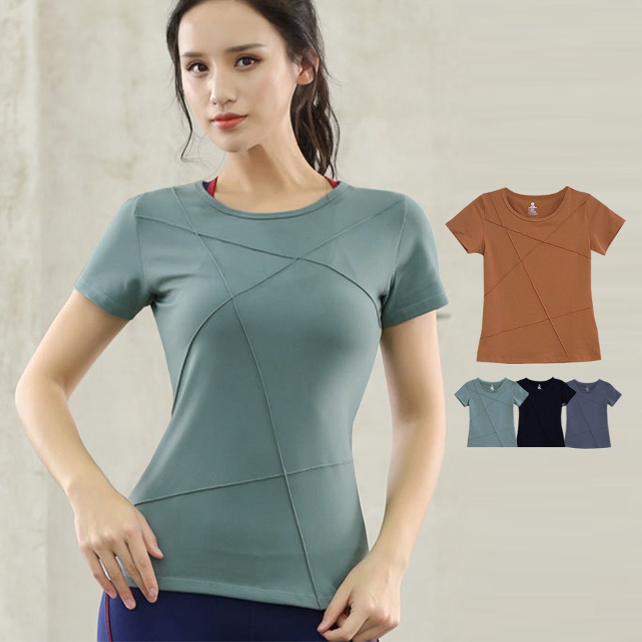 スポーツウェア レディース Tシャツ ライン 切替 トップス ランニングウェア トレーニング フィットネス ヨガ ピラティス ジム 伸縮 速乾 韓国 韓流 S M L 上品 大人 おしゃれ かわいい グリーン 緑 ブラウン 茶 ブラック 黒 グレー JOCOSA 8722 送料無料 即納
