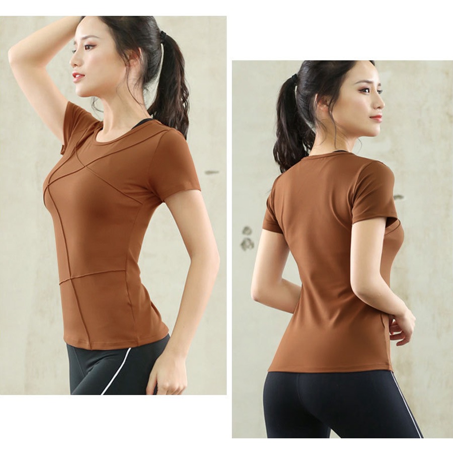 スポーツウェア レディース Tシャツ ライン 切替 トップス ランニングウェア トレーニング フィットネス ヨガ ピラティス ジム 伸縮 速乾 韓国 韓流 S M L 上品 大人 おしゃれ かわいい グリーン 緑 ブラウン 茶 ブラック 黒 グレー JOCOSA 8722 送料無料 即納