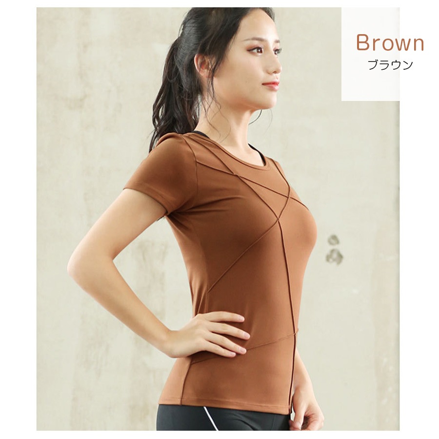 スポーツウェア レディース Tシャツ ライン 切替 トップス ランニングウェア トレーニング フィットネス ヨガ ピラティス ジム 伸縮 速乾 韓国 韓流 S M L 上品 大人 おしゃれ かわいい グリーン 緑 ブラウン 茶 ブラック 黒 グレー JOCOSA 8722 送料無料 即納