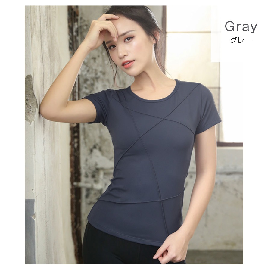 スポーツウェア レディース Tシャツ ライン 切替 トップス ランニングウェア トレーニング フィットネス ヨガ ピラティス ジム 伸縮 速乾 韓国 韓流 S M L 上品 大人 おしゃれ かわいい グリーン 緑 ブラウン 茶 ブラック 黒 グレー JOCOSA 8722 送料無料 即納