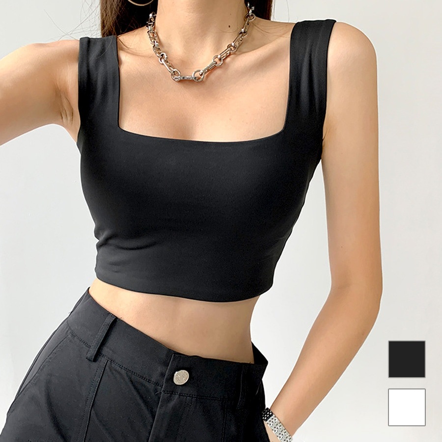 sculptor タンクトップ ブラック シズニルック 韓国 タンクトップ ショート丈 スクエアネック 春 夏 トップス カジュアル