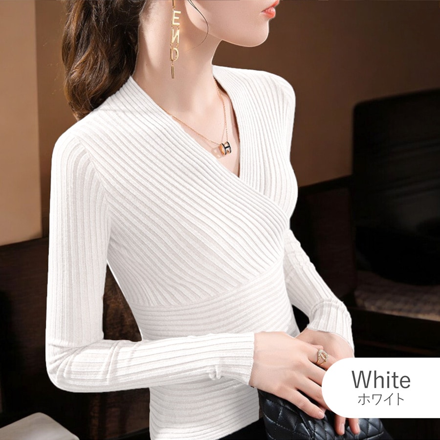 ニットトップス カシュクール風 Vネック リブ 切替 韓国ファッション