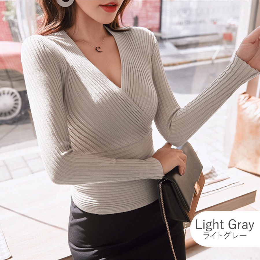 ニットトップス カシュクール風 Vネック リブ 切替 韓国ファッション
