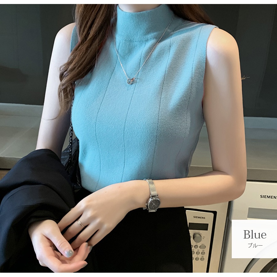 サマーニット ノースリーブ 春 無地 ボトルネック トップス オフィス