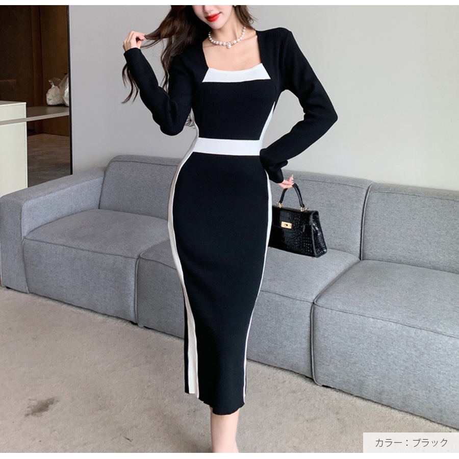 ニットワンピース バイカラー 膝下丈 長袖 スクエアネック　スリット ハイウエスト レディース 春 秋 冬 新作 ブラック レッド カーキ フリーサイズ JOCOSA 9296
