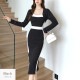ニットワンピース バイカラー 膝下丈 長袖 スクエアネック　スリット ハイウエスト レディース 春 秋 冬 新作 ブラック レッド カーキ フリーサイズ JOCOSA 9296
