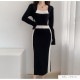 ニットワンピース バイカラー 膝下丈 長袖 スクエアネック　スリット ハイウエスト レディース 春 秋 冬 新作 ブラック レッド カーキ フリーサイズ JOCOSA 9296