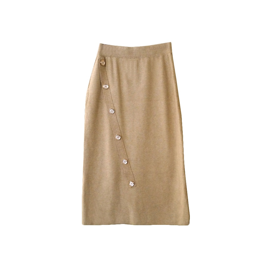タイトスカート リブ ボタン ニットスカート ロング 韓国ファッション 韓国 大人 オフィスカジュアル 膝下 ミディ丈 ウエストゴム ボタン 春 秋 冬 新作 グレー ブラウン 茶 ベージュ ブラック 黒 フリーサイズ JOCOSA 8186