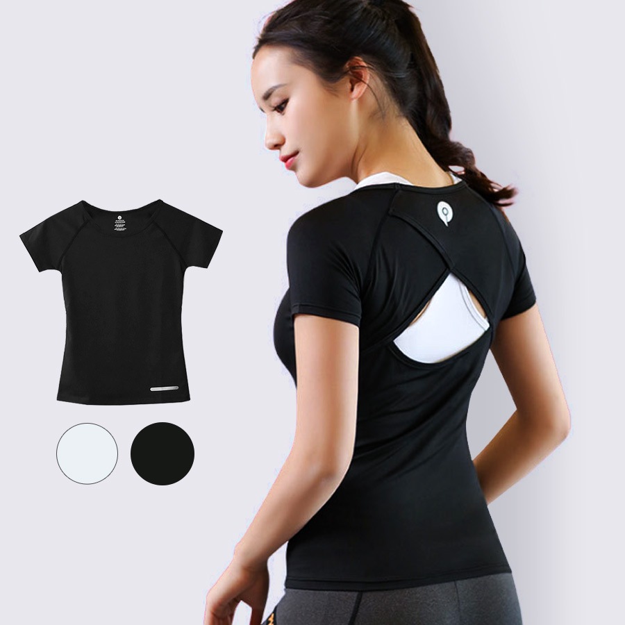 Tシャツ スポーツウェア レディース 春夏秋冬 新作 トップス 半袖 背中見せ ワンポイントロゴ 肌見せ タイト 伸縮 速乾 カジュアル スポーティー ランニング トレーニング フィットネス ヨガ ピラティス ジム 韓国風 韓流 ホワイト 白 ブラック 黒 SMLXL JOCOSA 8725
