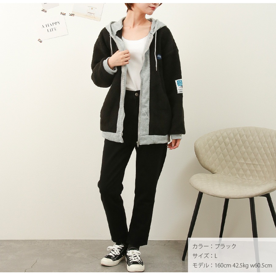 アウター パーカー 長袖 ボア フード付き ZIP ロゴタグ もこもこ 春 秋 冬 新作 ブラック ホワイト S M L XL JOCOSA 9311
