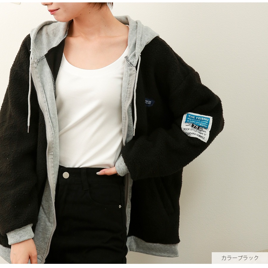 アウター パーカー 長袖 ボア フード付き ZIP ロゴタグ もこもこ 春 秋 冬 新作 ブラック ホワイト S M L XL JOCOSA 9311