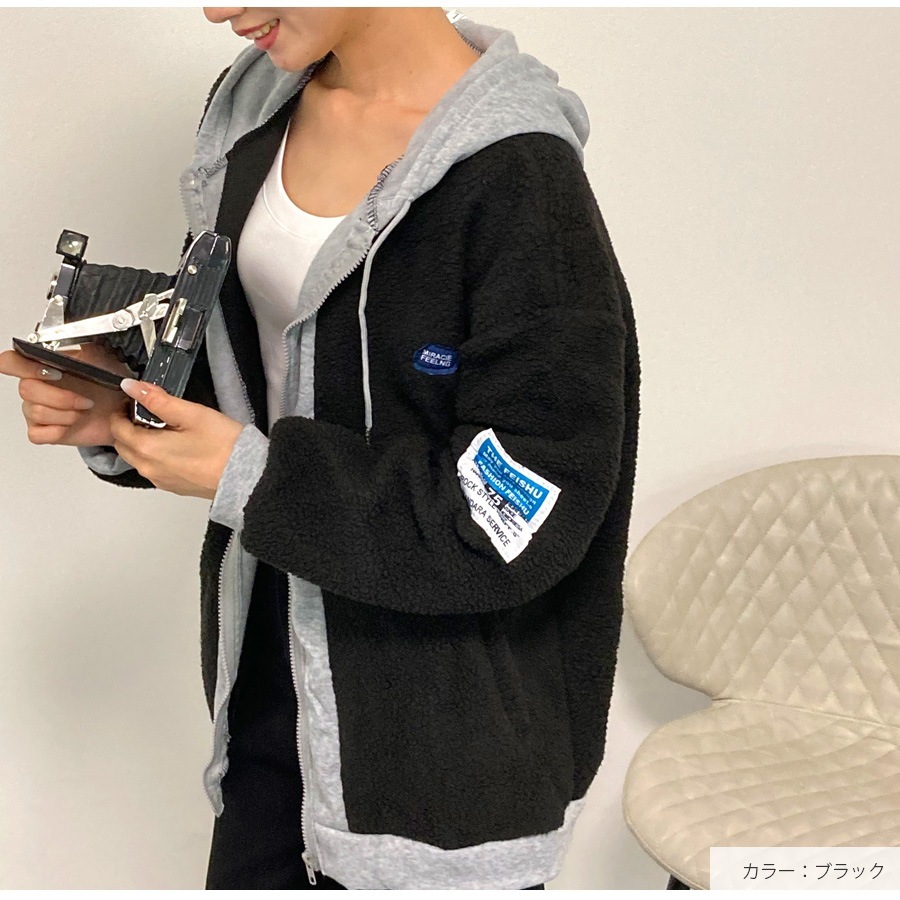 アウター パーカー 長袖 ボア フード付き ZIP ロゴタグ もこもこ 春 秋 冬 新作 ブラック ホワイト S M L XL JOCOSA 9311