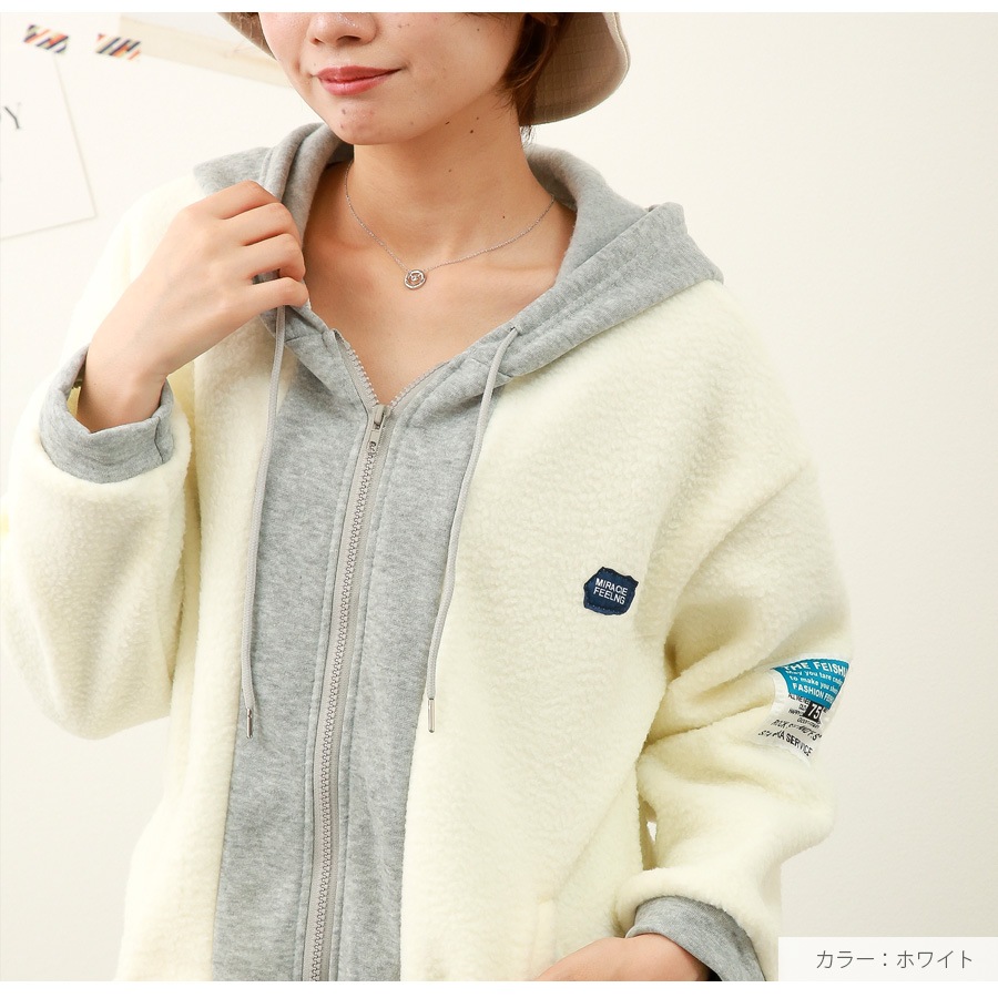 アウター パーカー 長袖 ボア フード付き ZIP ロゴタグ もこもこ 春 秋 冬 新作 ブラック ホワイト S M L XL JOCOSA 9311