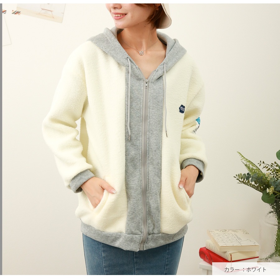 アウター パーカー 長袖 ボア フード付き ZIP ロゴタグ もこもこ 春 秋 冬 新作 ブラック ホワイト S M L XL JOCOSA 9311