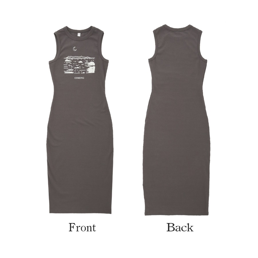 ワンピース イラストプリント ロゴ ロング丈 膝下丈 ノースリーブ ラウンドネック ハイウエスト レディース 春 夏 秋 新作 ブラック グレー S M L JOCOSA 9272