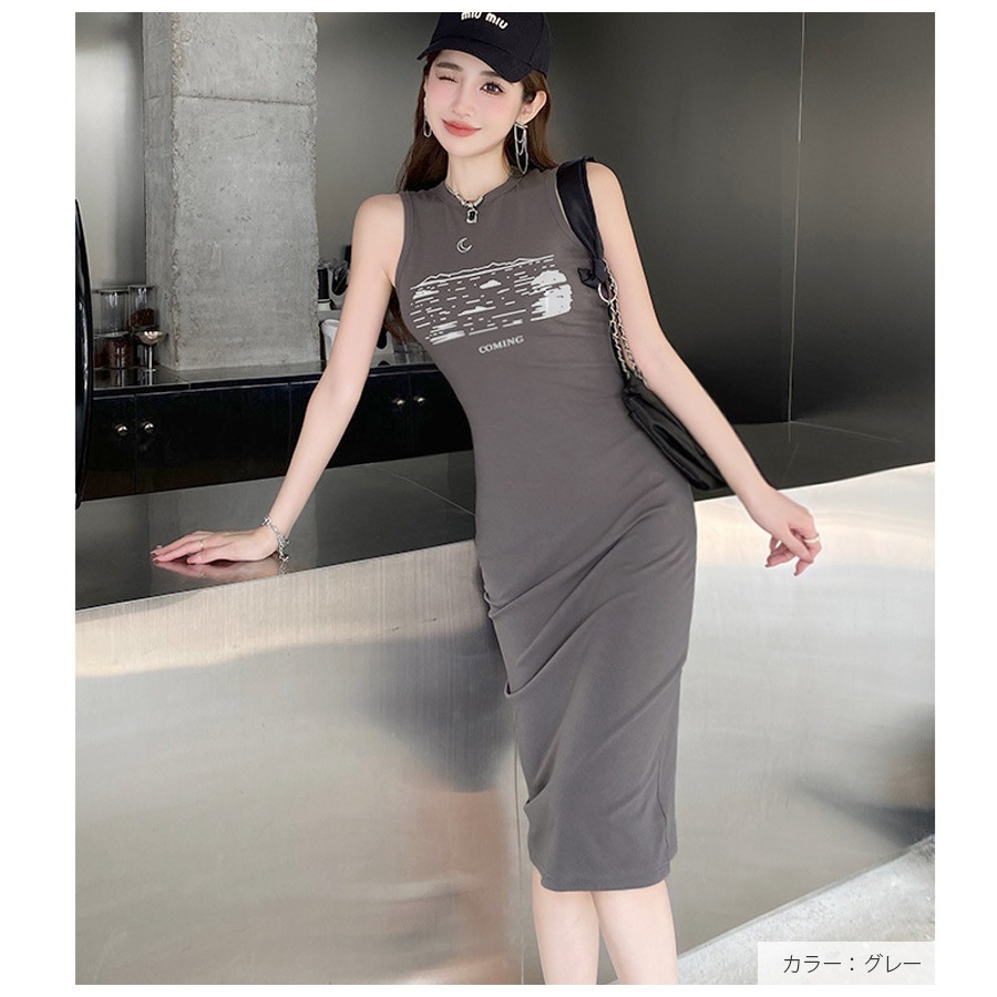 ワンピース イラストプリント ロゴ ロング丈 膝下丈 ノースリーブ ラウンドネック ハイウエスト レディース 春 夏 秋 新作 ブラック グレー S M L JOCOSA 9272