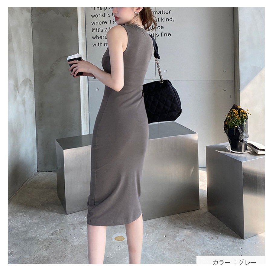 ワンピース イラストプリント ロゴ ロング丈 膝下丈 ノースリーブ ラウンドネック ハイウエスト レディース 春 夏 秋 新作 ブラック グレー S M L JOCOSA 9272