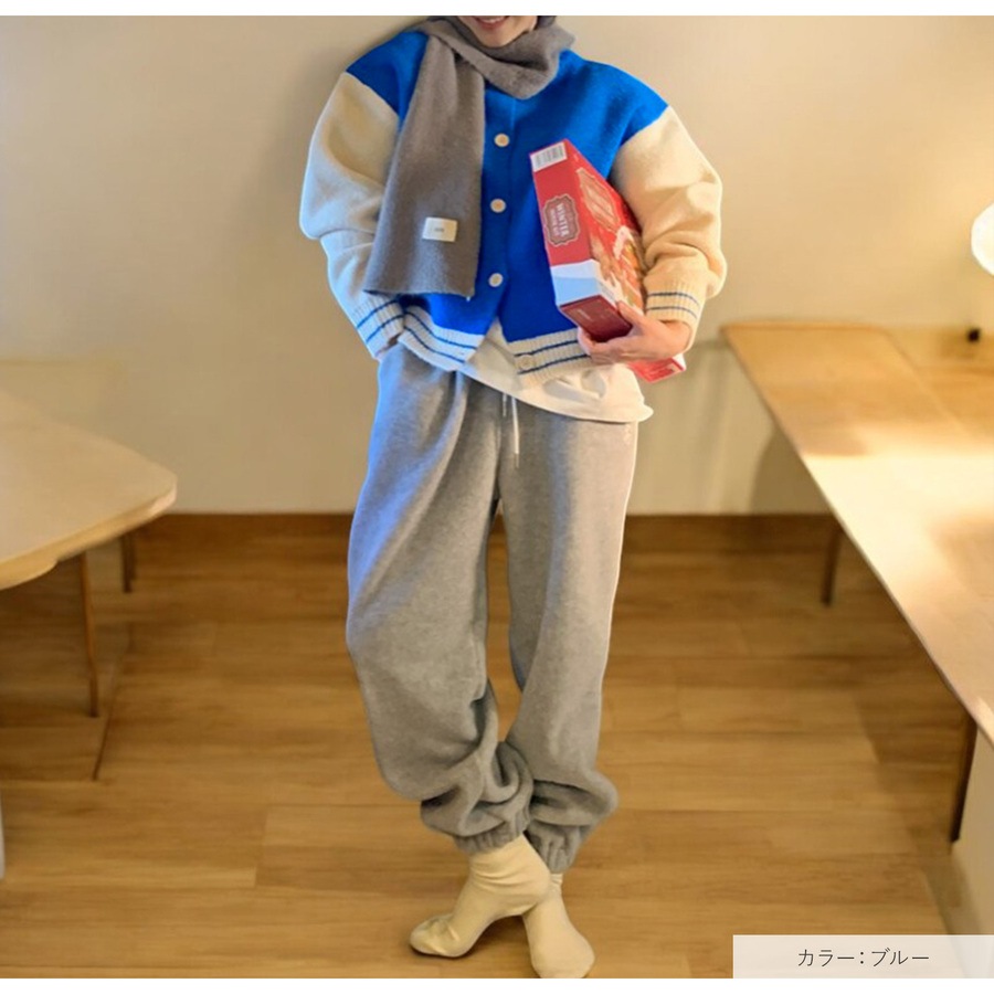 ニットカーディガン ニットトップス バイカラー デザインカーディガン 大人可愛い ボリューム 厚手 スタジャン カジュアル 長袖 長そで 体型カバー 着回し フリーサイズ JOCOSA 9316