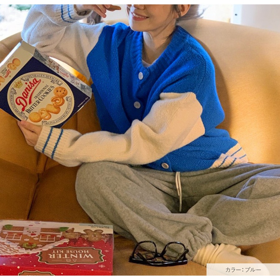 ニットカーディガン ニットトップス バイカラー デザインカーディガン 大人可愛い ボリューム 厚手 スタジャン カジュアル 長袖 長そで 体型カバー 着回し フリーサイズ JOCOSA 9316