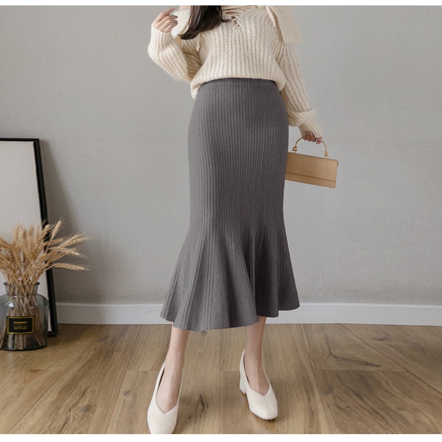 ニットスカート ミディ丈 マーメイド ロング ウエストゴム 大人可愛い フェミニン おしゃれ 韓国 韓国風 春夏秋冬 新作 ブラック 黒 アイボリー グレー ベージュ フリーサイズ JOCOSA 8177 送料無料 即納