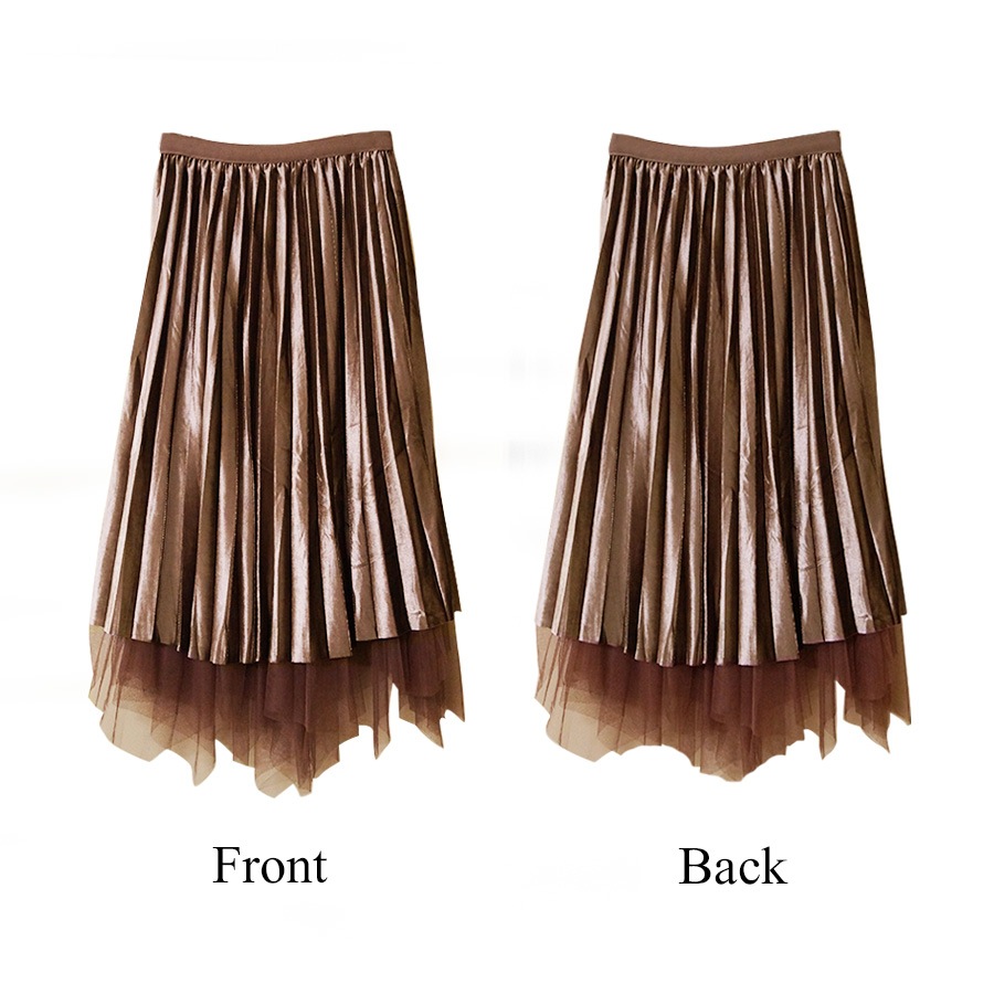 プリーツスカート ベロア チュールスカート ミディ丈 ロング フレア リバーシブル ウエストゴム 大人可愛い フェミニン おしゃれ 韓流 韓国風 春夏秋冬 新作 ブラック 黒 ブラウン 茶 グレー フリーサイズ JOCOSA 8178 送料無料 即納