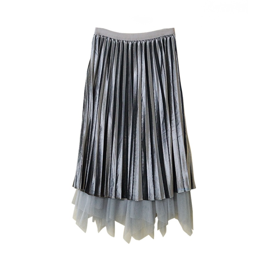 プリーツスカート ベロア チュールスカート ミディ丈 ロング フレア リバーシブル ウエストゴム 大人可愛い フェミニン おしゃれ 韓流 韓国風 春夏秋冬 新作 ブラック 黒 ブラウン 茶 グレー フリーサイズ JOCOSA 8178 送料無料 即納