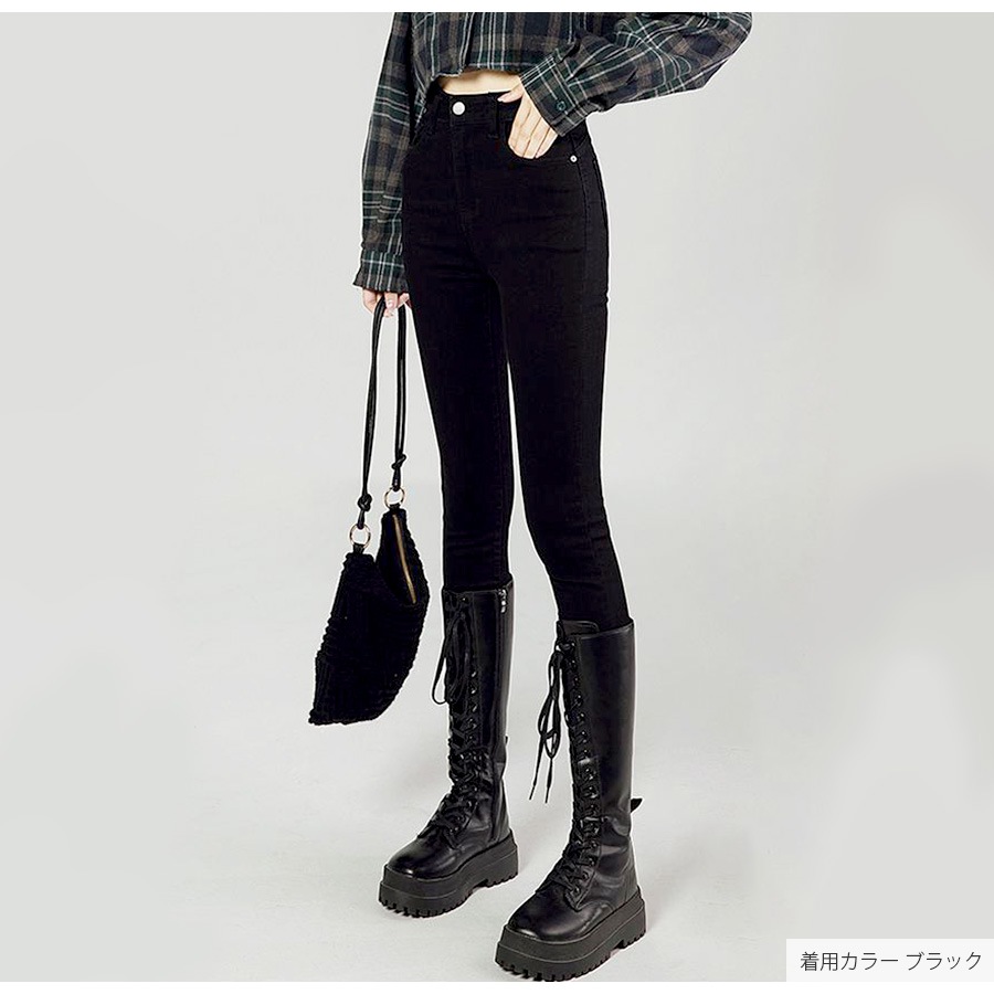 裏起毛 スキニー デニム 定番 シンプル 脚長 パンツ カジュアル ロング丈 ポケット 韓国ファッション レディース 新作 春 秋 冬 ブラック グレー ネイビー ブルー S M L XL JOCOSA 9118