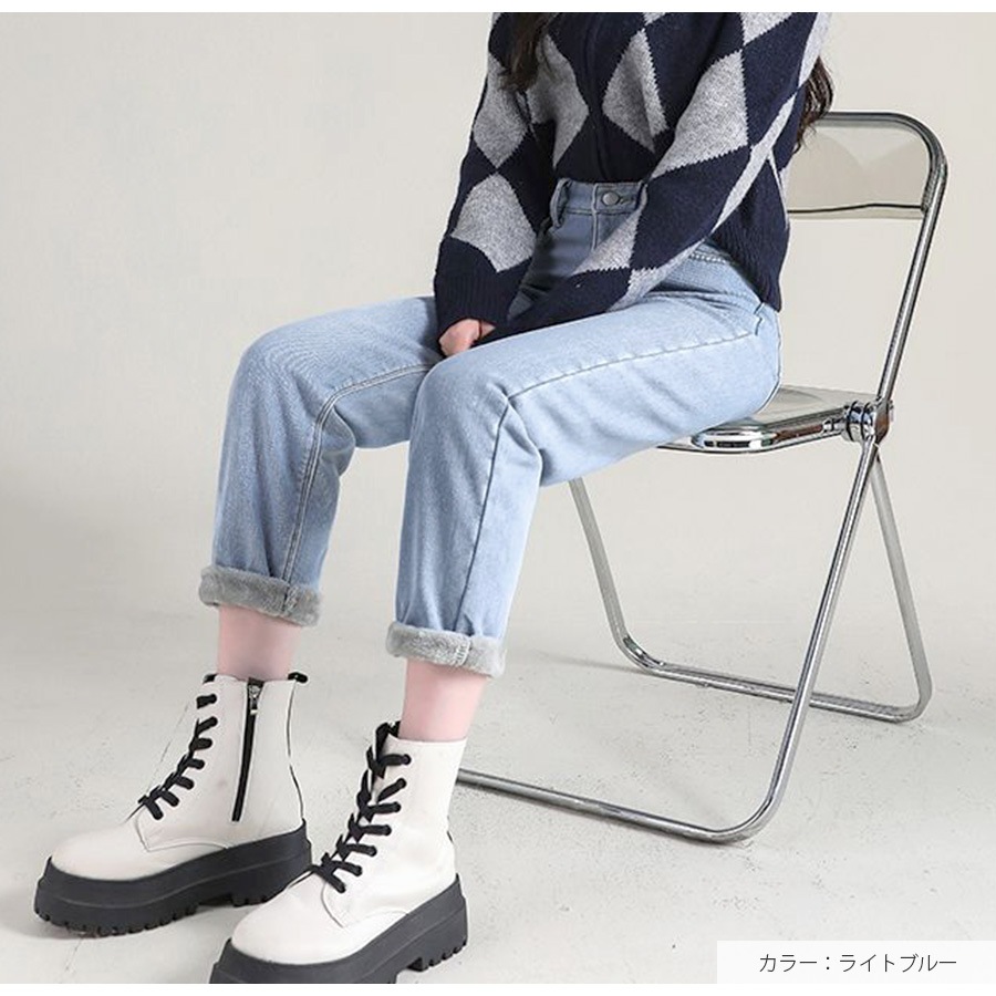 裏起毛 デニムパンツ ストレート ロング丈 韓国ファッション レディース 新作 春 夏 秋 冬 ブラック ダークグレー ライトブルー ブルー グレイッシュブルー S M L XL JOCOSA 9119
