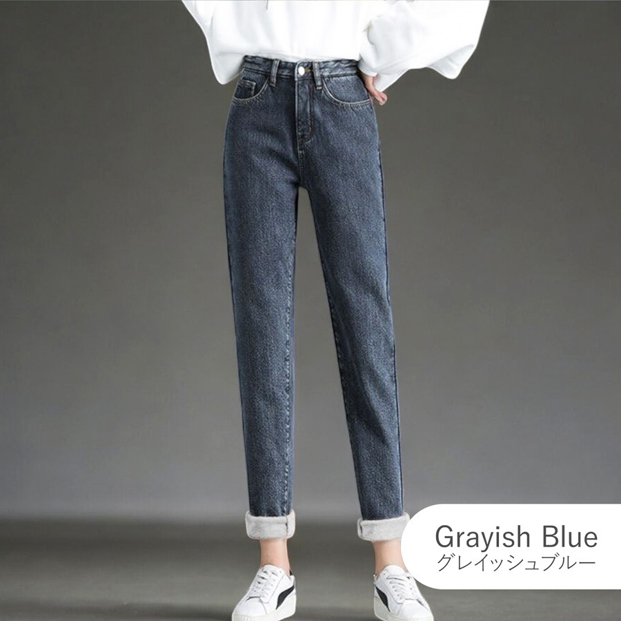 裏起毛 デニムパンツ ストレート ロング丈 韓国ファッション レディース 新作 春 夏 秋 冬 ブラック ダークグレー ライトブルー ブルー グレイッシュブルー S M L XL JOCOSA 9119