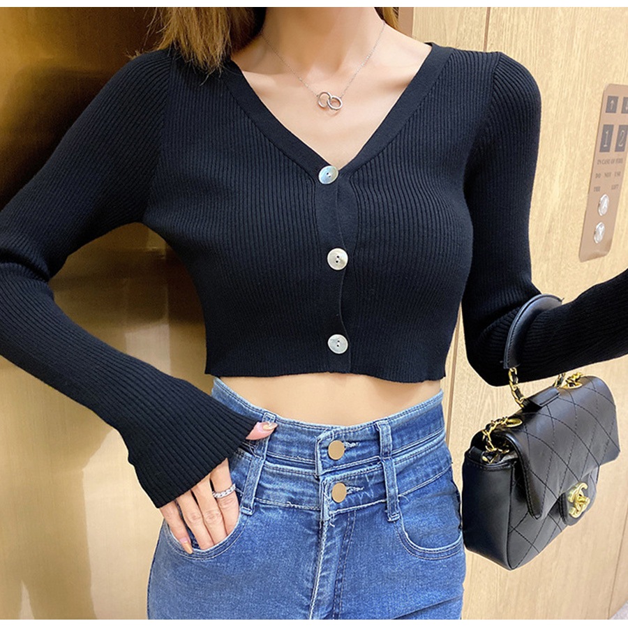 カーディガン レディース 春夏秋冬 新作 ニット セーター トップス 羽織 ショート丈 薄手 へそ出し 肌見せ リブ 長袖 無地 Ｖネック ボタン シンプル セクシー おしゃれ 可愛い 韓国風 韓流 グレー フリーサイズ JOCOSA 8354 送料無料 即納