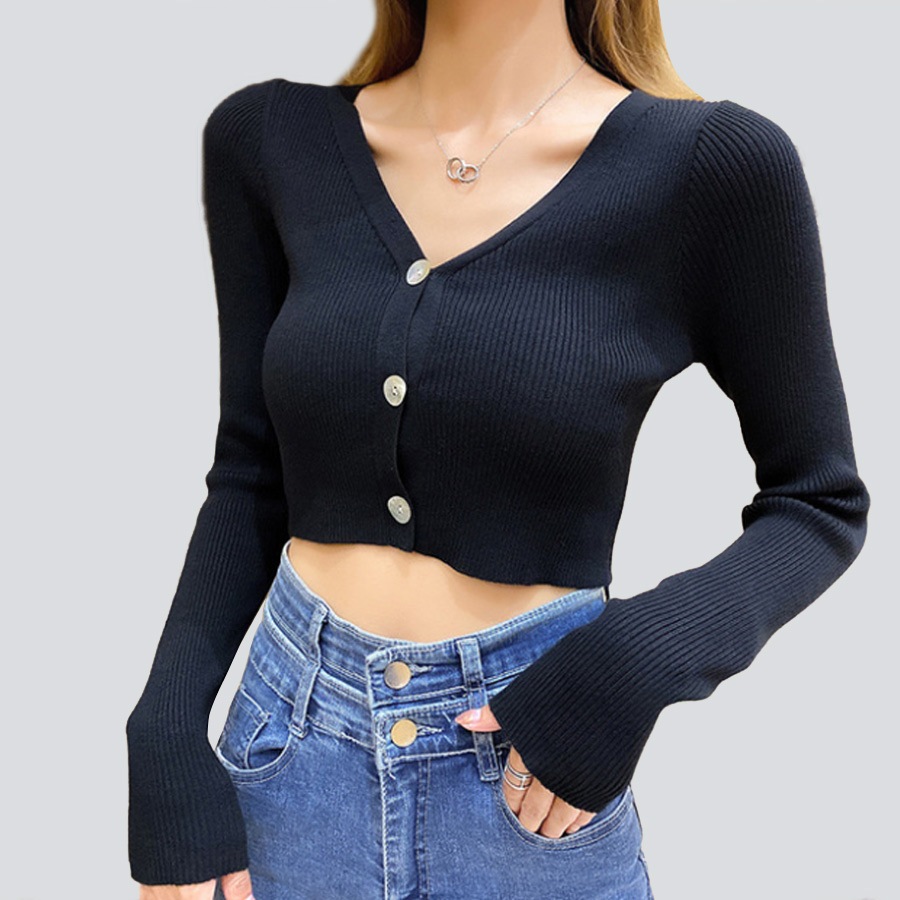 カーディガン レディース 春夏秋冬 新作 ニット セーター トップス 羽織 ショート丈 薄手 へそ出し 肌見せ リブ 長袖 無地 Ｖネック ボタン シンプル セクシー おしゃれ 可愛い 韓国風 韓流 グレー フリーサイズ JOCOSA 8354 送料無料 即納