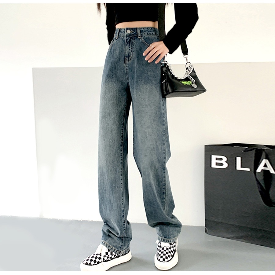 裏起毛 デニム ハイウエスト ストレート 定番 シンプル 脚長 パンツ カジュアル ロング丈 ポケット 韓国ファッション レディース 新作 春 秋 冬 ブルー S M L XL JOCOSA 9120