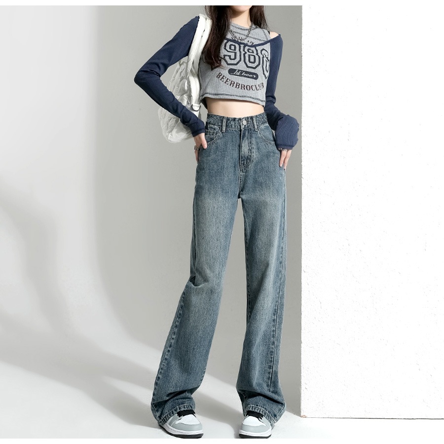 裏起毛 デニム ハイウエスト ストレート 定番 シンプル 脚長