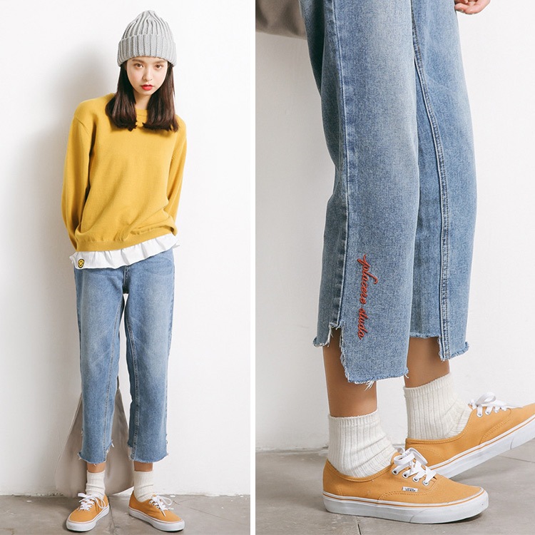 パンツ レディース デニム 九分丈 ジーンズ ワイドパンツ 刺繍 ロゴ 切りっぱなし ヴィンテージ 綿 コットン 春 夏 秋 冬 ボトムス JOCOSA 送料無料 即納 8140