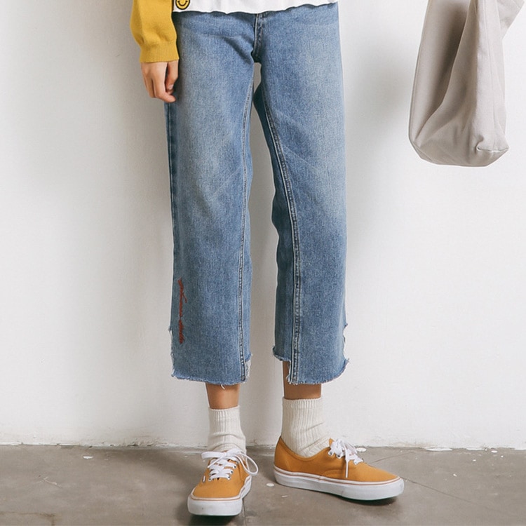 パンツ レディース デニム 九分丈 ジーンズ ワイドパンツ 刺繍 ロゴ 切りっぱなし ヴィンテージ 綿 コットン 春 夏 秋 冬 ボトムス JOCOSA 送料無料 即納 8140