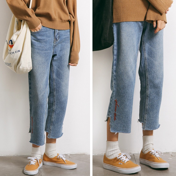 パンツ レディース デニム 九分丈 ジーンズ ワイドパンツ 刺繍 ロゴ 切りっぱなし ヴィンテージ 綿 コットン 春 夏 秋 冬 ボトムス JOCOSA 送料無料 即納 8140