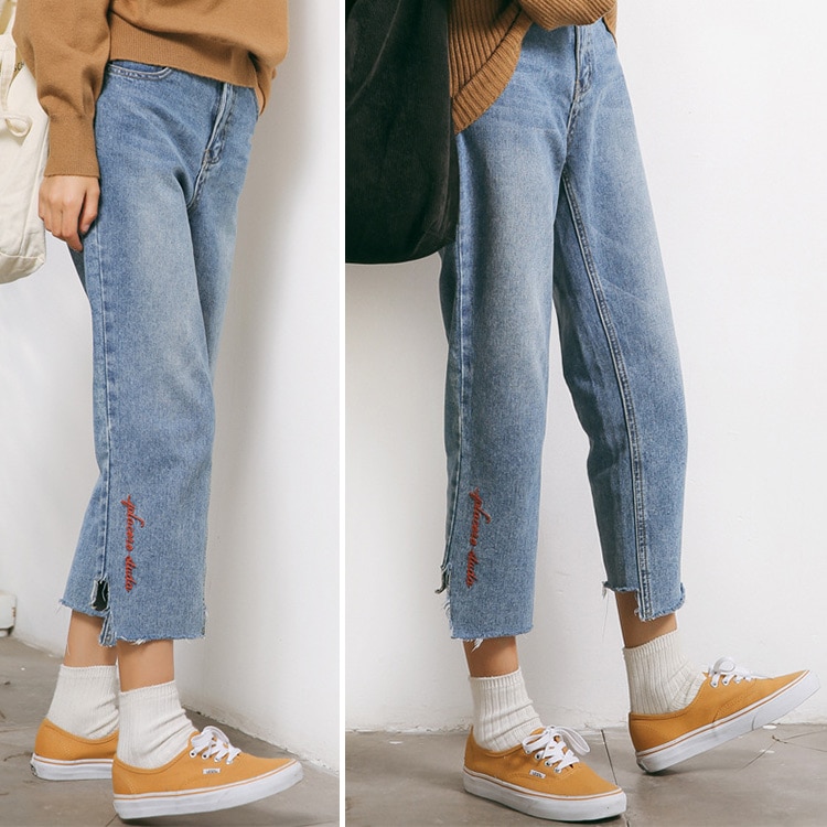 パンツ レディース デニム 九分丈 ジーンズ ワイドパンツ 刺繍 ロゴ 切りっぱなし ヴィンテージ 綿 コットン 春 夏 秋 冬 ボトムス JOCOSA 送料無料 即納 8140