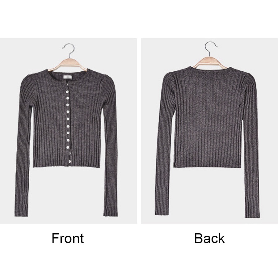 カーディガン レディース 春夏秋冬 新作 ニット セーター トップス 羽織 ショート丈 へそ出し 肌見せ リブ ラウンドネック 長袖 無地 ボタン シンプル おしゃれ 可愛い 韓国風 韓流 グレー ブラック 黒 フリーサイズ JOCOSA 8355 送料無料 即納