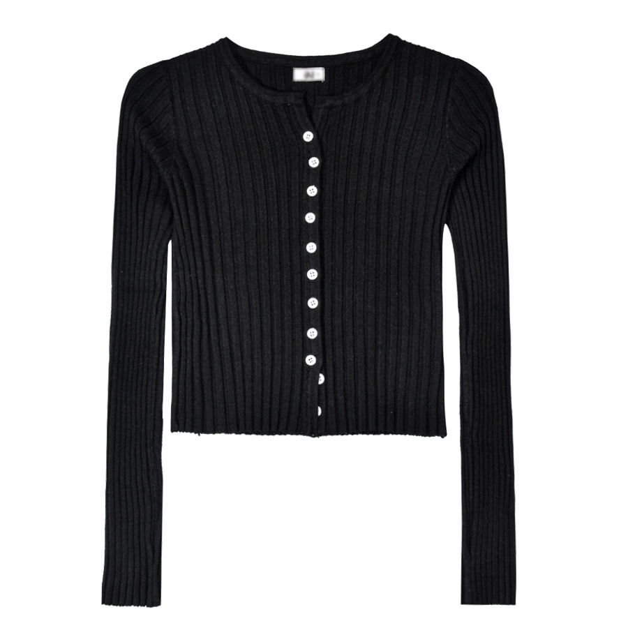 カーディガン レディース 春夏秋冬 新作 ニット セーター トップス 羽織 ショート丈 へそ出し 肌見せ リブ ラウンドネック 長袖 無地 ボタン シンプル おしゃれ 可愛い 韓国風 韓流 グレー ブラック 黒 フリーサイズ JOCOSA 8355 送料無料 即納